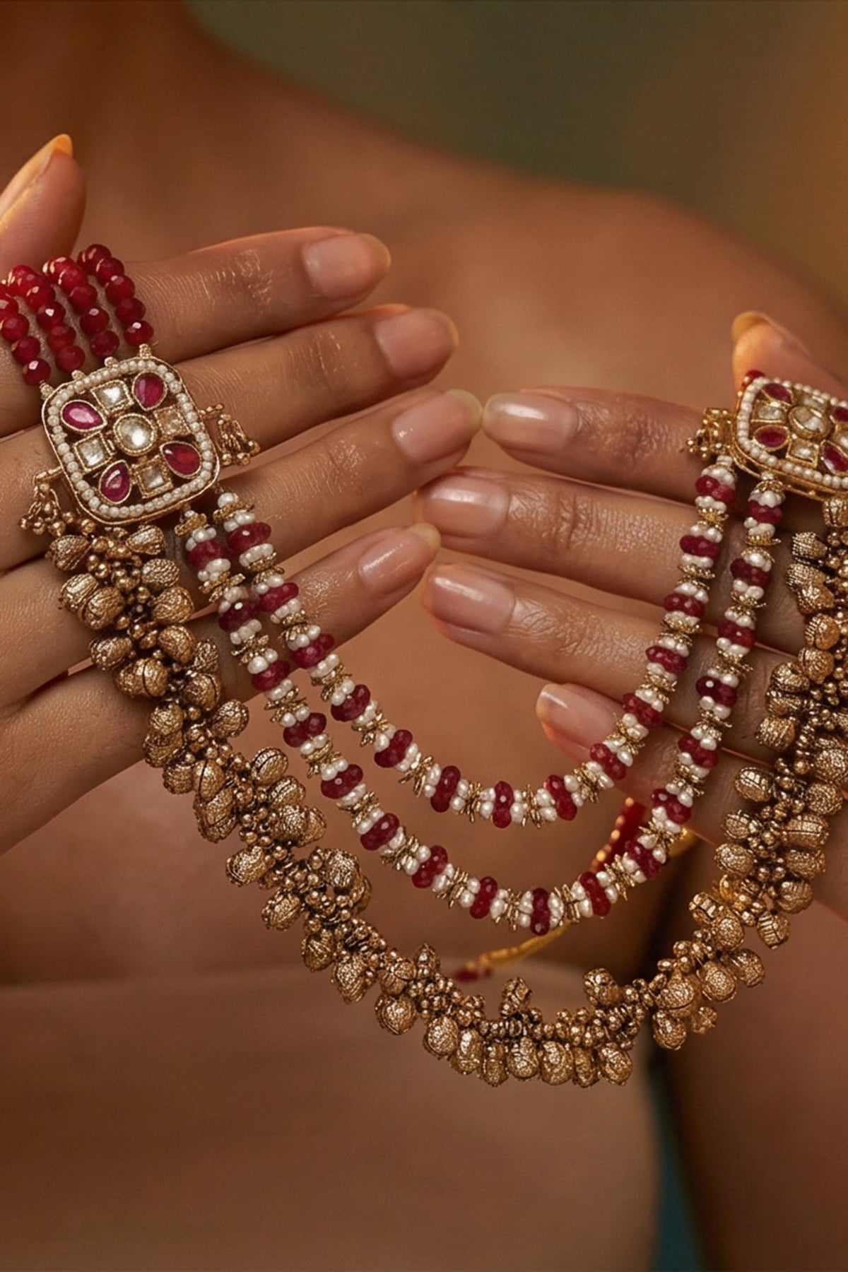 Micro Gold Finish Kundan Polki & Pearl Necklace Set