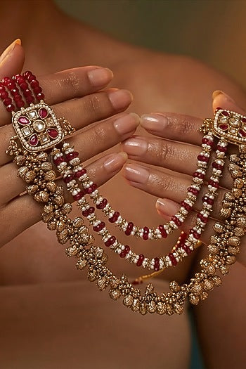 Micro Gold Finish Kundan Polki & Pearl Necklace Set