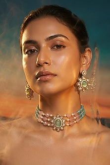 Micro Gold Finish Kundan Polki & Pearl Necklace Set