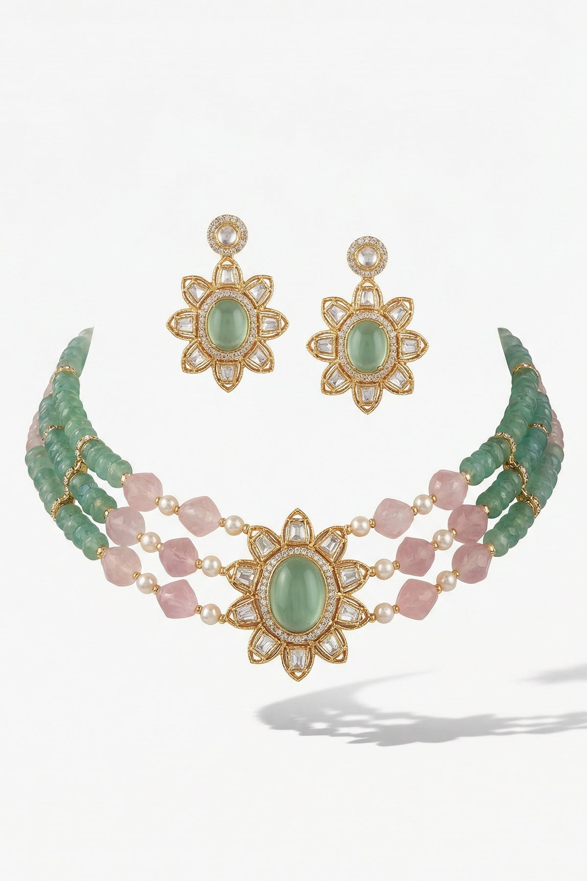 Micro Gold Finish Kundan Polki & Pearl Necklace Set