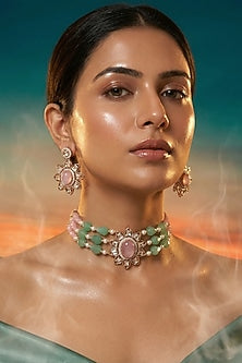 Micro Gold Finish Kundan Polki & Pearl Necklace Set