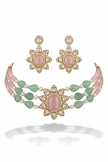 Micro Gold Finish Kundan Polki & Pearl Necklace Set