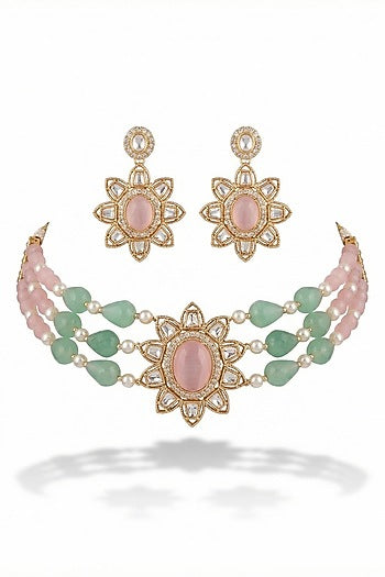 Micro Gold Finish Kundan Polki & Pearl Necklace Set