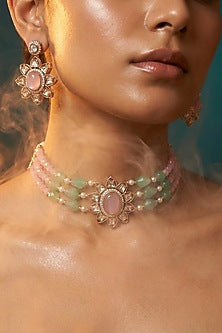 Micro Gold Finish Kundan Polki & Pearl Necklace Set