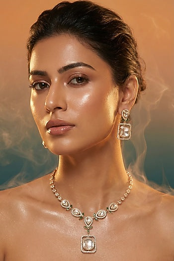 Micro Gold Finish Kundan Polki & Pearl Necklace Set
