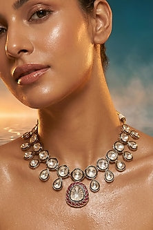 Micro Gold Finish Kundan Polki & Pearl Necklace Set