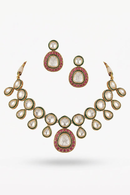 Micro Gold Finish Kundan Polki & Pearl Necklace Set