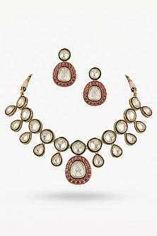 Micro Gold Finish Kundan Polki & Pearl Necklace Set