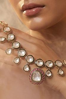 Micro Gold Finish Kundan Polki & Pearl Necklace Set
