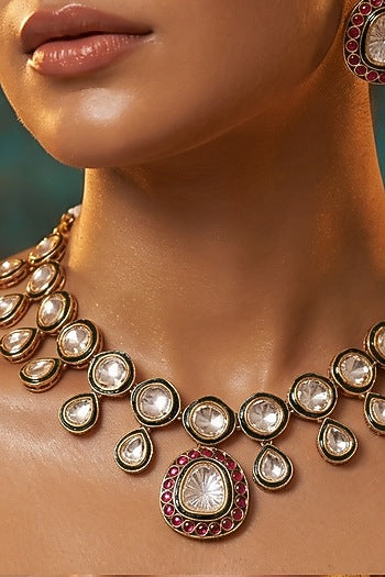 Micro Gold Finish Kundan Polki & Pearl Necklace Set