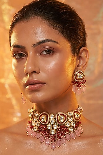 Micro Gold Finish Kundan Polki & Pearl Necklace Set