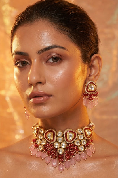 Micro Gold Finish Kundan Polki & Pearl Necklace Set