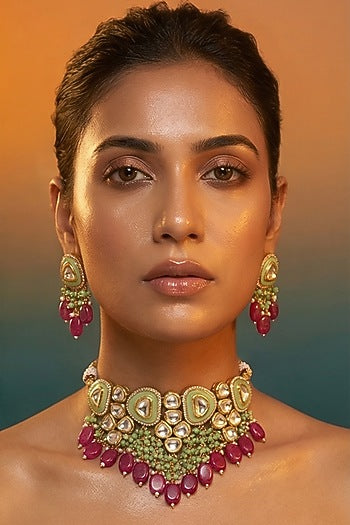 Micro Gold Finish Kundan Polki & Pearl Necklace Set