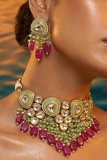 Micro Gold Finish Kundan Polki & Pearl Necklace Set