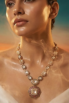 Micro Gold Finish Kundan Polki & Pearl Necklace Set