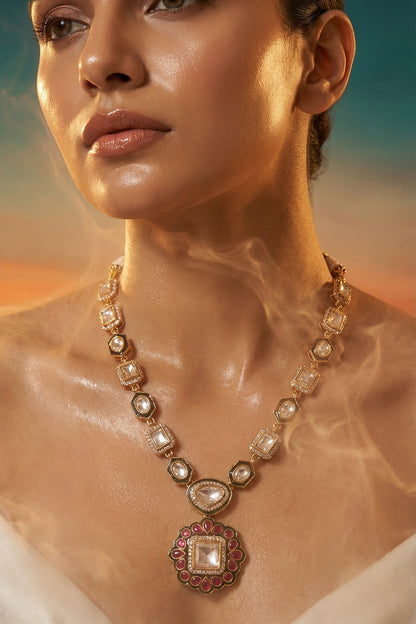 Micro Gold Finish Kundan Polki & Pearl Necklace Set