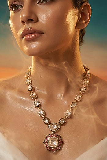 Micro Gold Finish Kundan Polki & Pearl Necklace Set