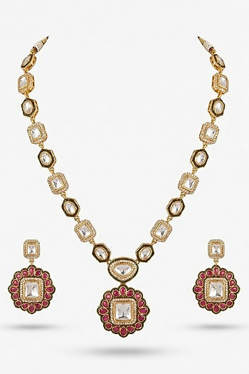 Micro Gold Finish Kundan Polki & Pearl Necklace Set
