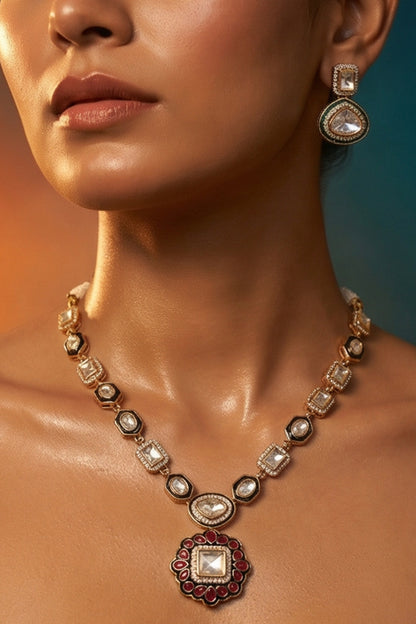 Micro Gold Finish Kundan Polki & Pearl Necklace Set