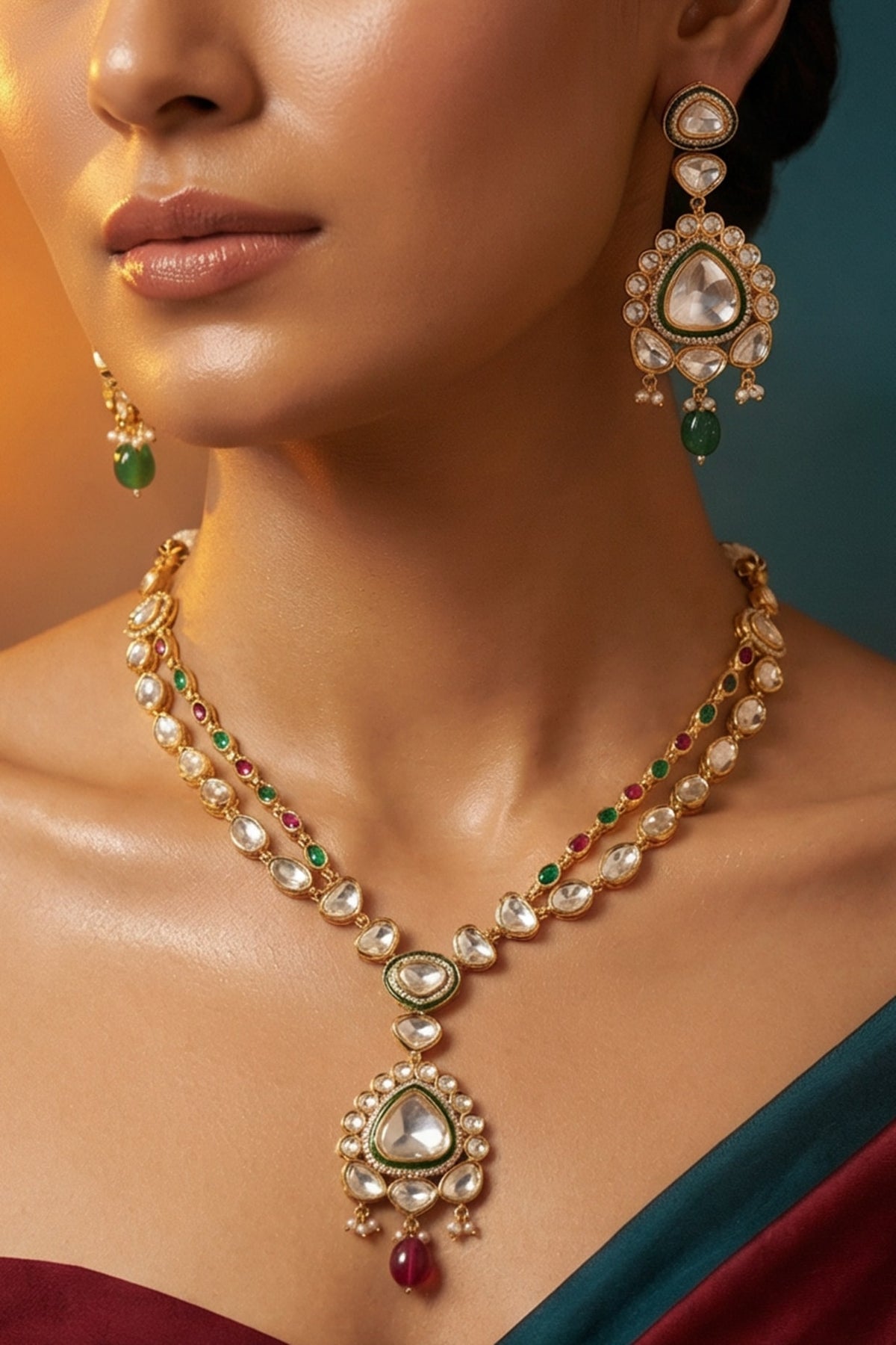 Micro Gold Finish Kundan Polki & Pearl Necklace Set