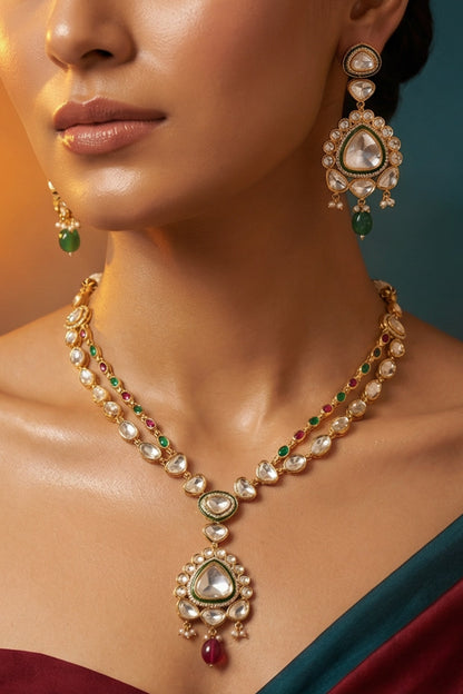 Micro Gold Finish Kundan Polki & Pearl Necklace Set