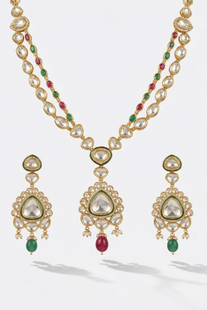 Micro Gold Finish Kundan Polki & Pearl Necklace Set