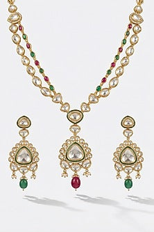 Micro Gold Finish Kundan Polki & Pearl Necklace Set