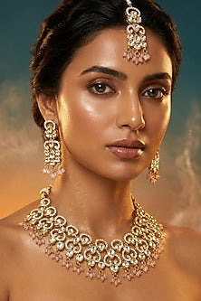 Micro Gold Finish Kundan Polki & Pearl Necklace Set