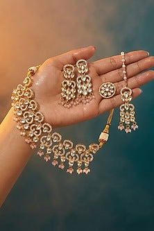 Micro Gold Finish Kundan Polki & Pearl Necklace Set