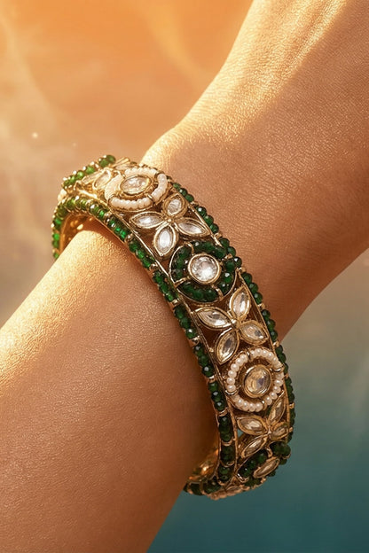 Micro Gold Finish Kundan Polki & Pearl Bangles (Set Of 2)