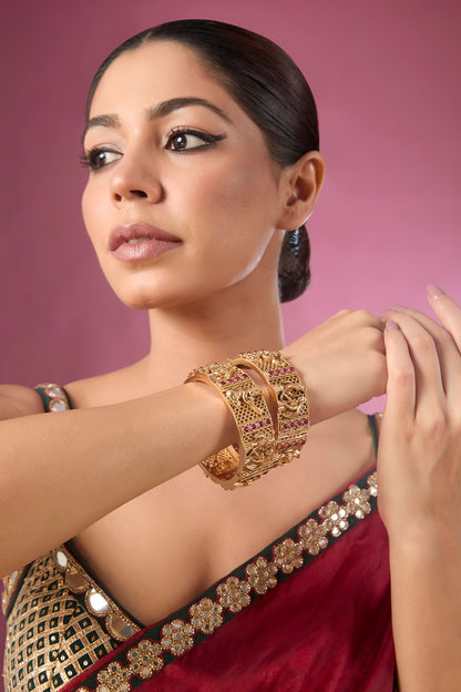 Gold Finish Temple Bangles (Set Of 2)