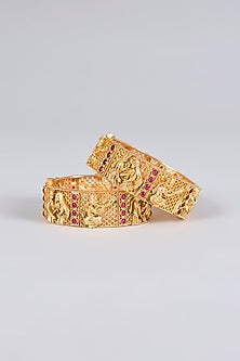 Gold Finish Temple Bangles (Set Of 2)
