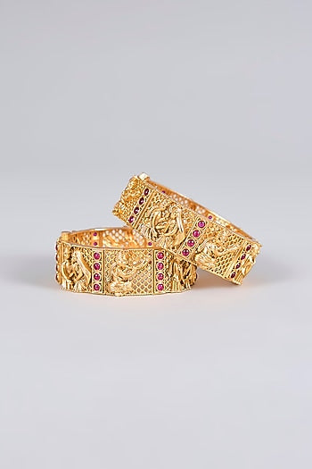 Gold Finish Temple Bangles (Set Of 2)