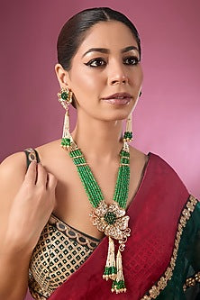 Gold Finish Kundan Polki & Green Stone Long Necklace Set