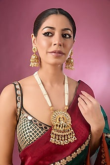 Gold Finish Pearl & Gold Stone Long Necklace Set