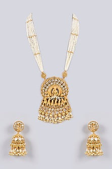 Gold Finish Pearl & Gold Stone Long Necklace Set