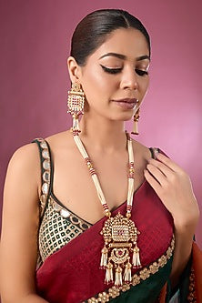 Gold Finish Kundan Polki & Ruby Stone Long Necklace Set