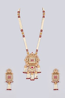 Gold Finish Kundan Polki & Ruby Stone Long Necklace Set