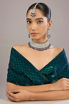 White Finish Diamond Crystal & Blue Stone Choker Necklace Set
