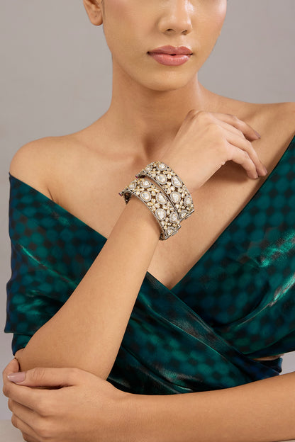 Antique Silver Finish Kundan Polki Bangles (Set Of 2)