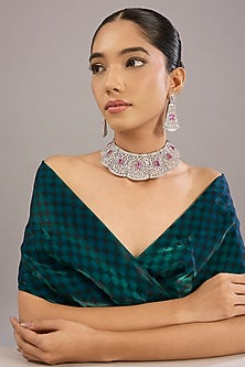 White Finish Pink Diamond & Swarovski Stone Choker Necklace Set