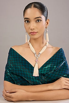 White Finish Pink Pearl & Swarovski Stone Long Necklace Set