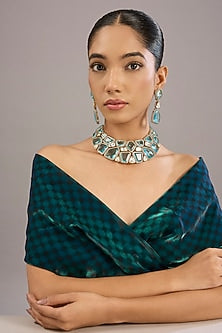 White Finish Diamond & Blue Emerald Stone Choker Necklace Set