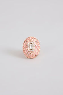 Gold Finish & Kundan Polki Peach Stone Ring