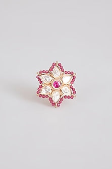 Gold Finish Kundan Polki & Pink Stone Ring