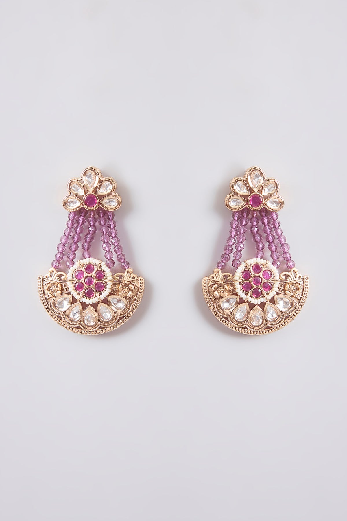 Gold Finish Kundan Polki & Purple Stone Dangler Earrings