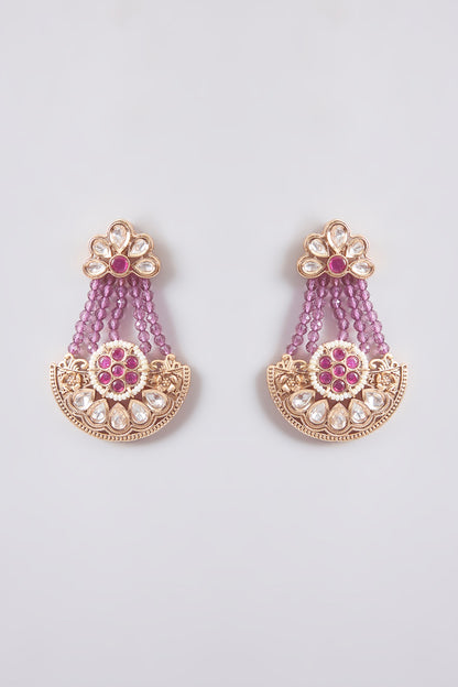 Gold Finish Kundan Polki & Purple Stone Dangler Earrings