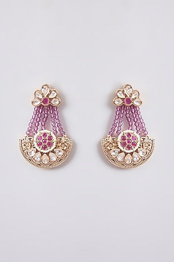 Gold Finish Kundan Polki & Purple Stone Dangler Earrings