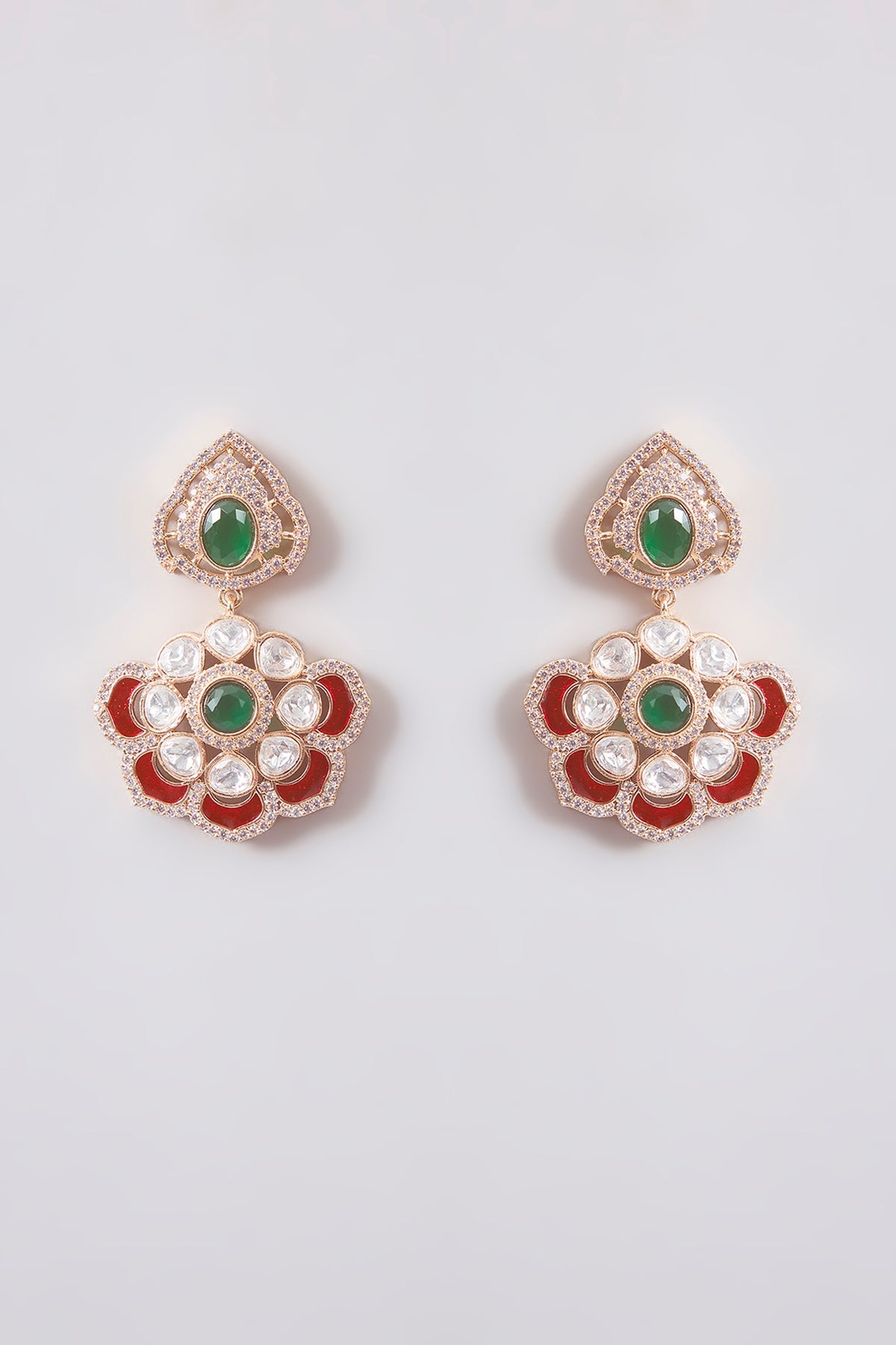 Gold Finish Green Kundan Polki Dangler Earrings