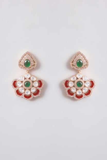 Gold Finish Green Kundan Polki Dangler Earrings